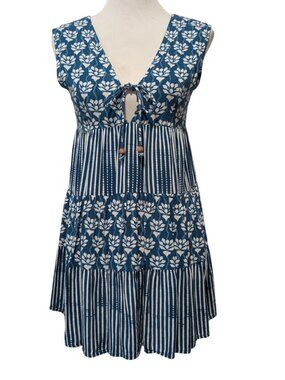 Goa Beachwear by Japana Sz XS Blue Block Floral Stripes Coverup Tunic Mini Dress